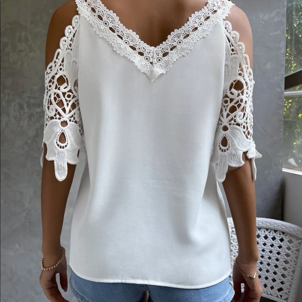 Bohemian Black Floral Crochet Lace Cold Shoulder Blouse Top XS S M L - Picture 6 of 6